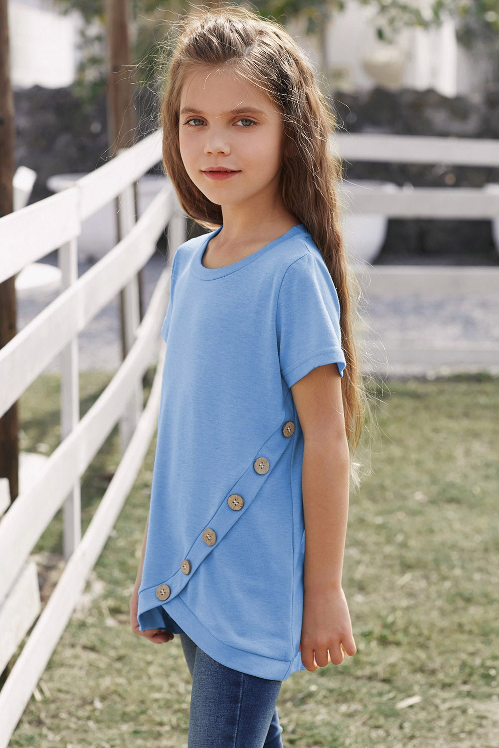 Girls Buttoned Tulip Hem T-Shirt - DunbiBeauty, LLC