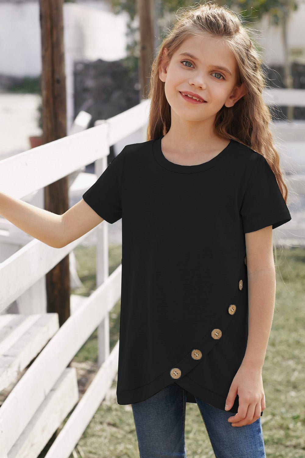 Girls Buttoned Tulip Hem T-Shirt - DunbiBeauty, LLC