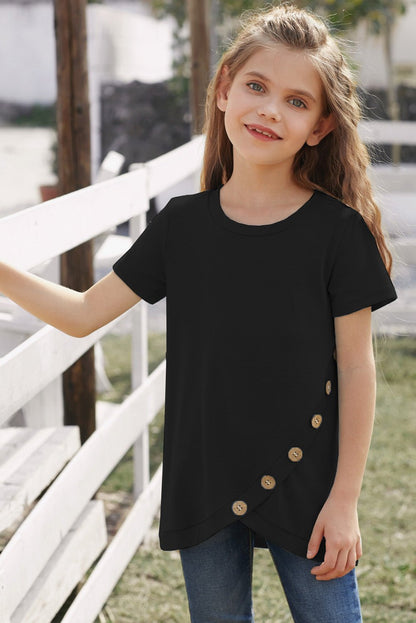 Girls Buttoned Tulip Hem T-Shirt - DunbiBeauty, LLC