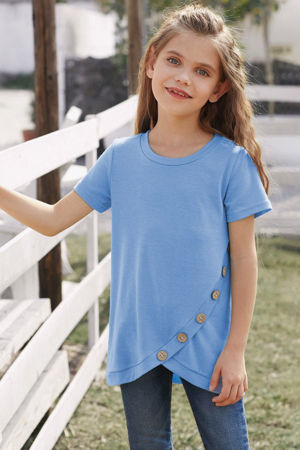 Girls Buttoned Tulip Hem T-Shirt - DunbiBeauty, LLC