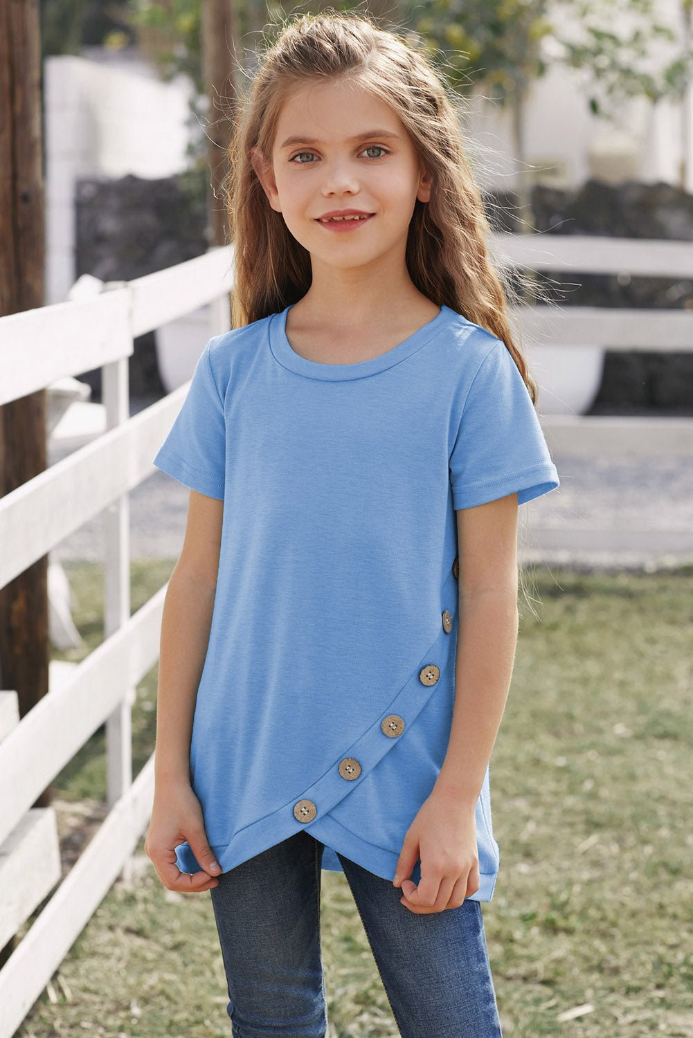 Girls Buttoned Tulip Hem T-Shirt - DunbiBeauty, LLC