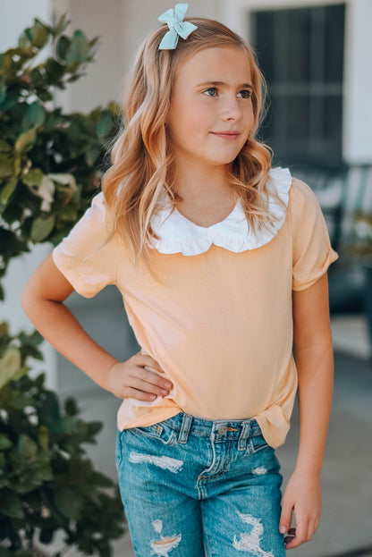 Girls Contrast Peter Pan Collar Short Sleeve Top - DunbiBeauty, LLC