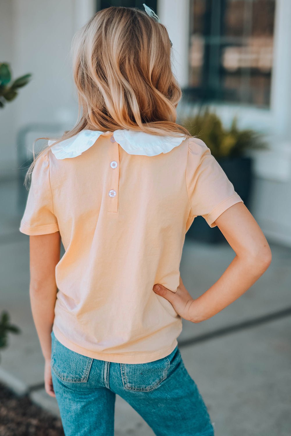 Girls Contrast Peter Pan Collar Short Sleeve Top - DunbiBeauty, LLC