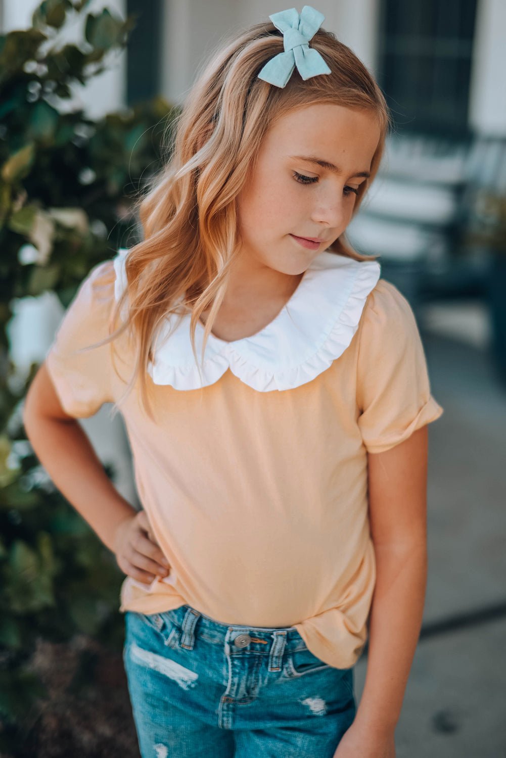 Girls Contrast Peter Pan Collar Short Sleeve Top - DunbiBeauty, LLC