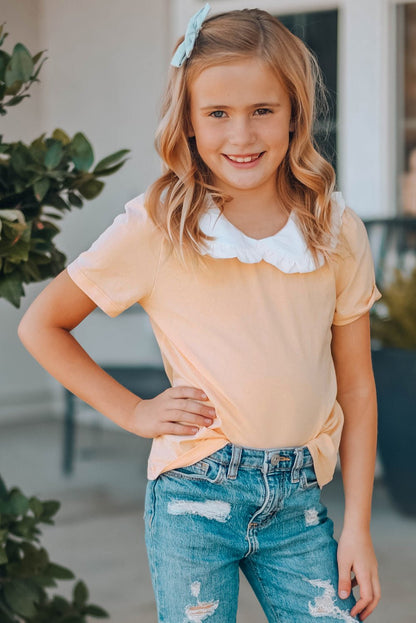 Girls Contrast Peter Pan Collar Short Sleeve Top - DunbiBeauty, LLC