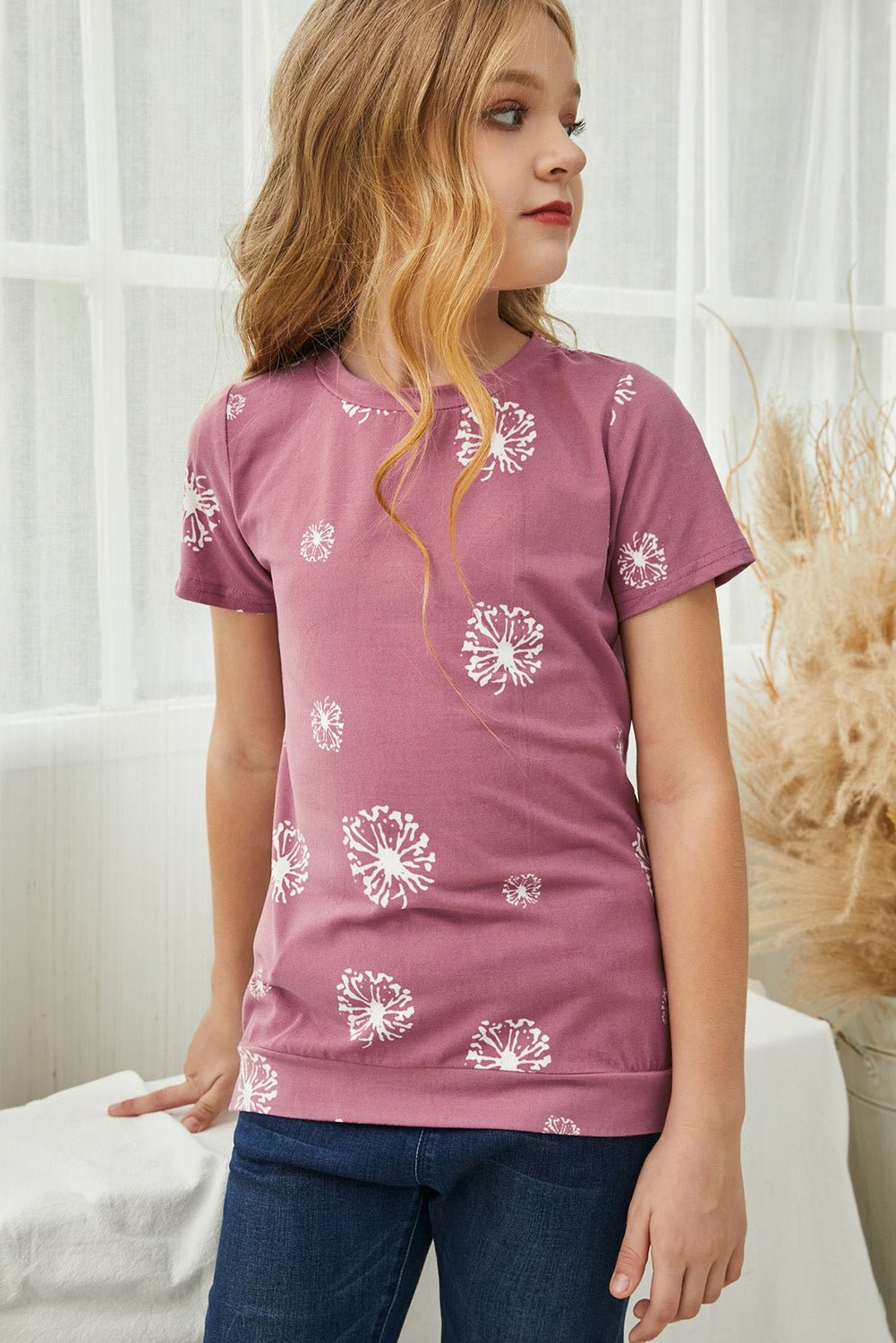 Girls Dandelion Print Round Neck Tee - DunbiBeauty, LLC