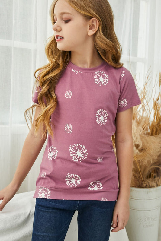 Girls Dandelion Print Round Neck Tee - DunbiBeauty, LLC