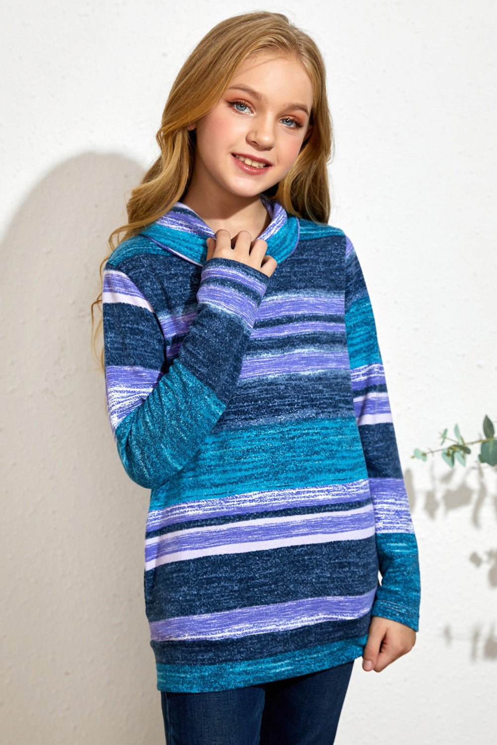 Girls Striped Cowl Neck Top with Pockets - DunbiBeauty, LLC