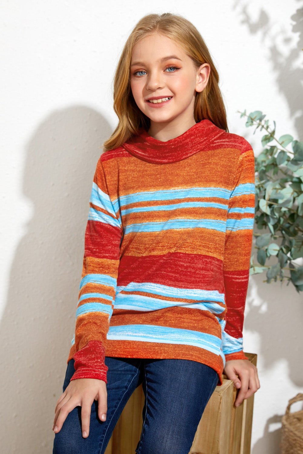 Girls Striped Cowl Neck Top with Pockets - DunbiBeauty, LLC