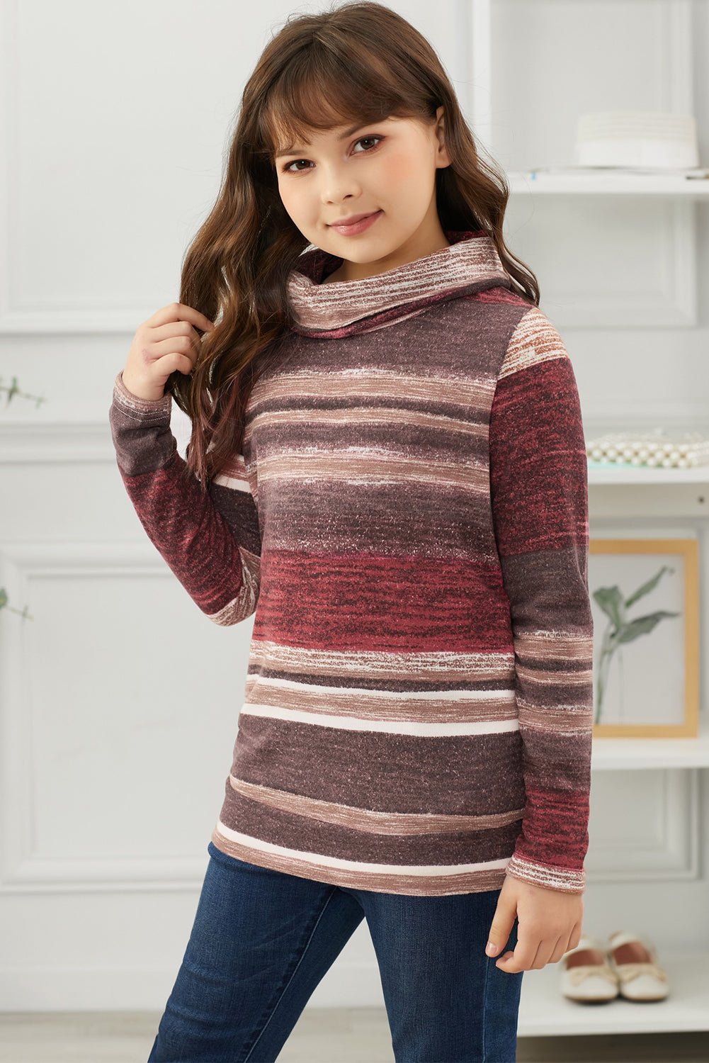 Girls Striped Cowl Neck Top with Pockets - DunbiBeauty, LLC