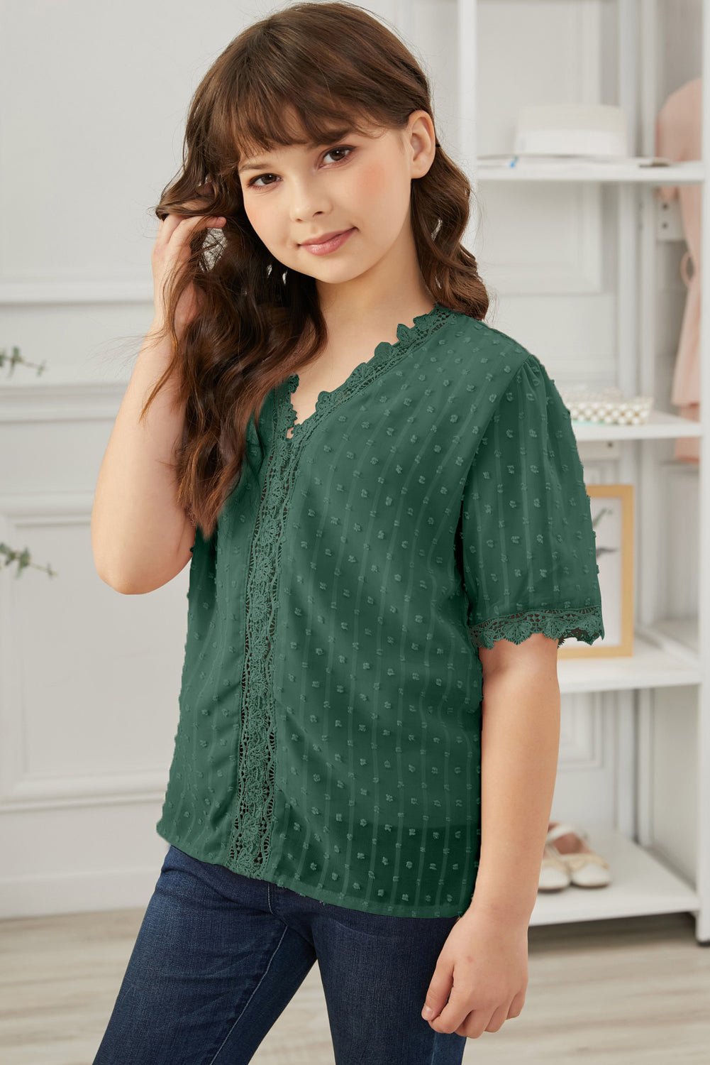 Girls Swiss Dot Spliced Lace Blouse - DunbiBeauty, LLC