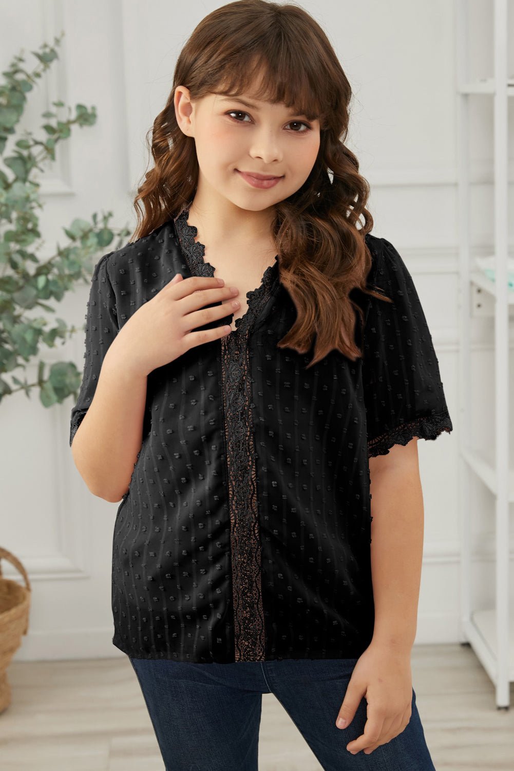 Girls Swiss Dot Spliced Lace Blouse - DunbiBeauty, LLC