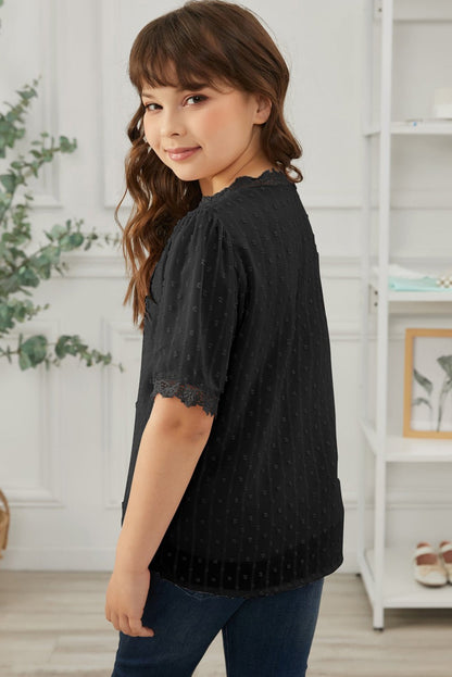 Girls Swiss Dot Spliced Lace Blouse - DunbiBeauty, LLC