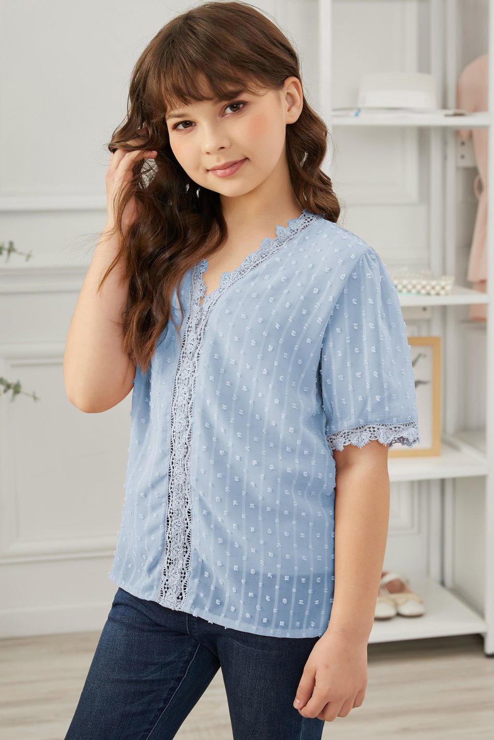 Girls Swiss Dot Spliced Lace Blouse - DunbiBeauty, LLC