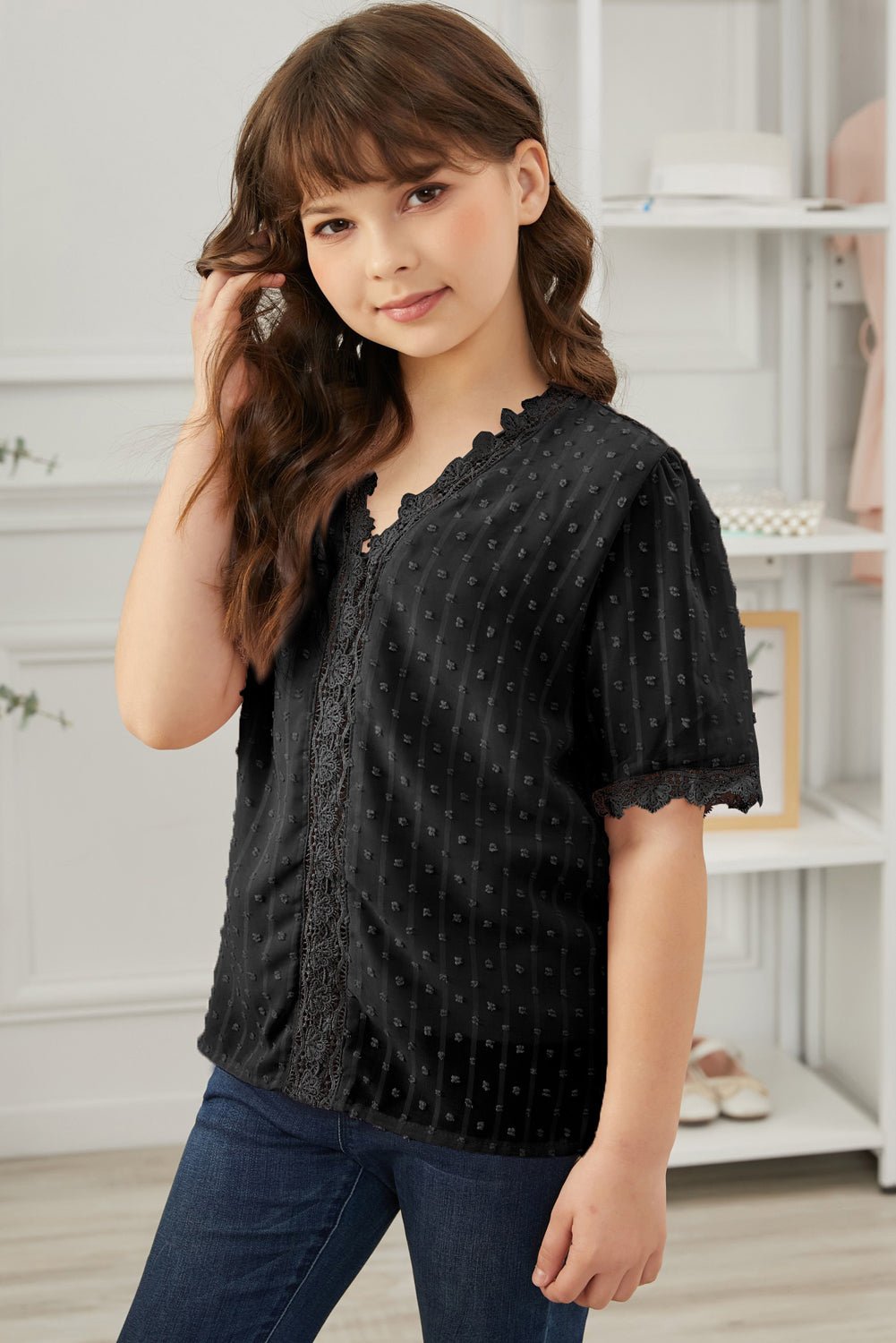 Girls Swiss Dot Spliced Lace Blouse - DunbiBeauty, LLC