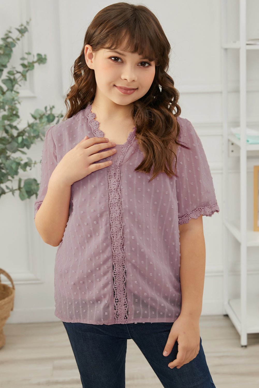 Girls Swiss Dot Spliced Lace Blouse - DunbiBeauty, LLC