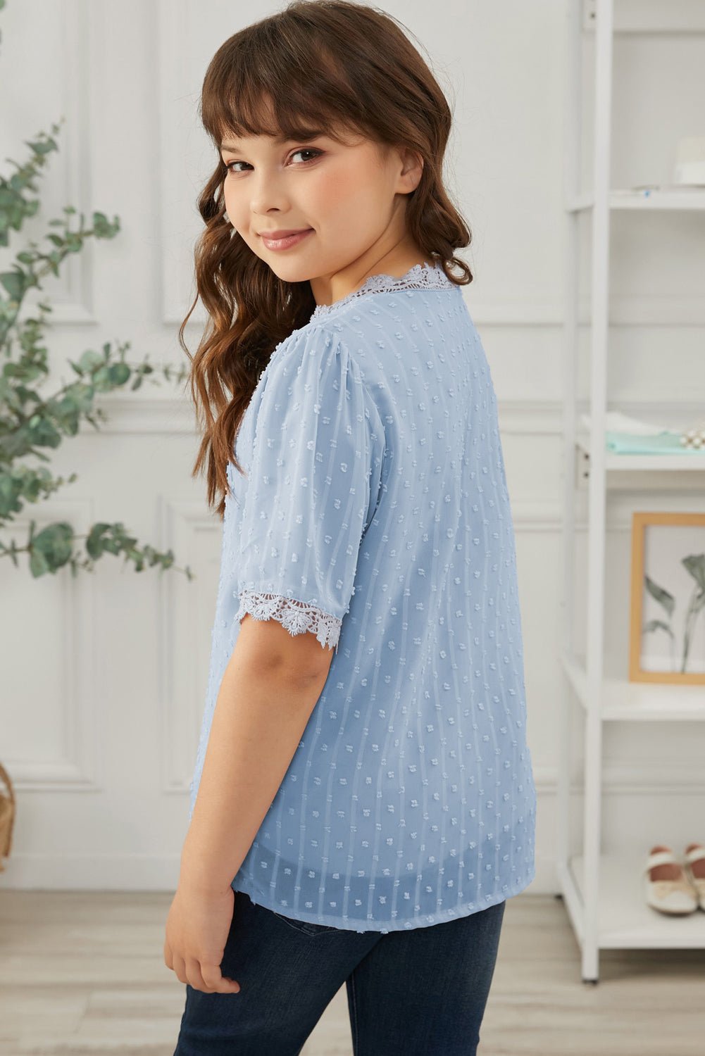 Girls Swiss Dot Spliced Lace Blouse - DunbiBeauty, LLC