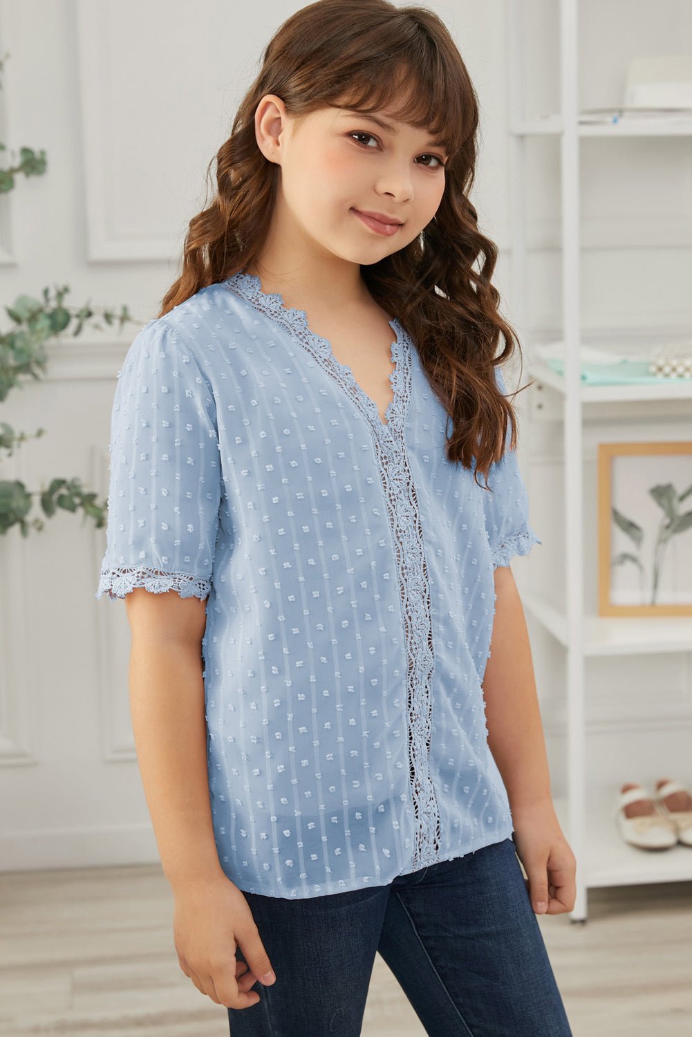 Girls Swiss Dot Spliced Lace Blouse - DunbiBeauty, LLC