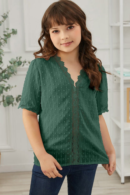 Girls Swiss Dot Spliced Lace Blouse - DunbiBeauty, LLC