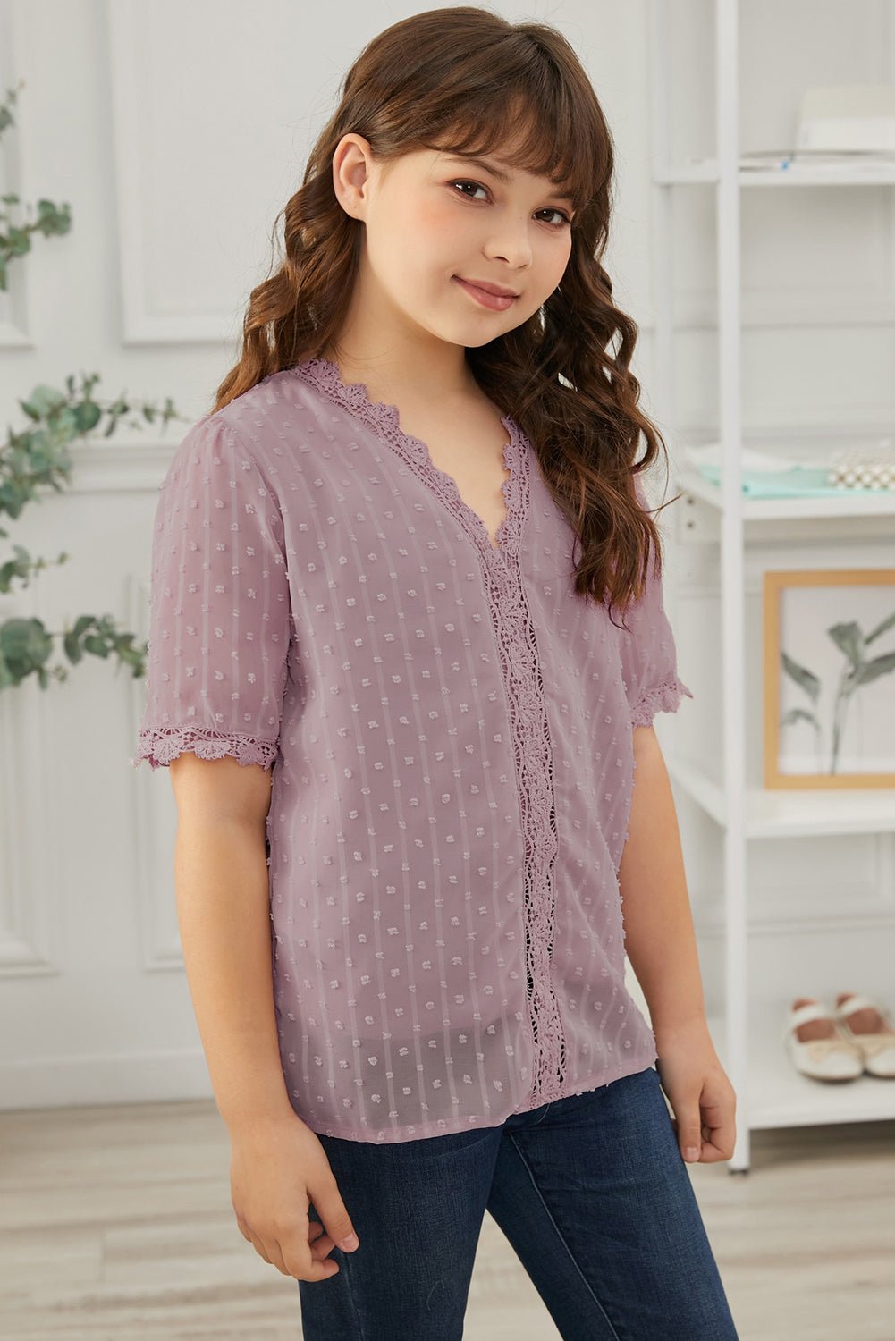 Girls Swiss Dot Spliced Lace Blouse - DunbiBeauty, LLC