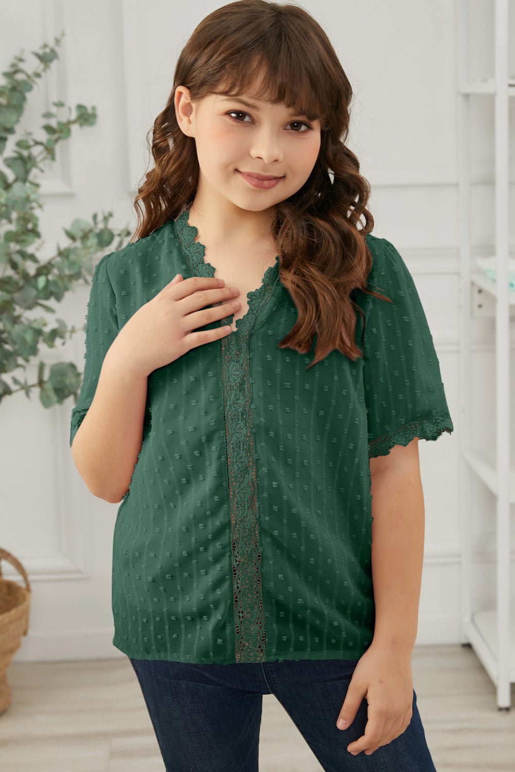 Girls Swiss Dot Spliced Lace Blouse - DunbiBeauty, LLC