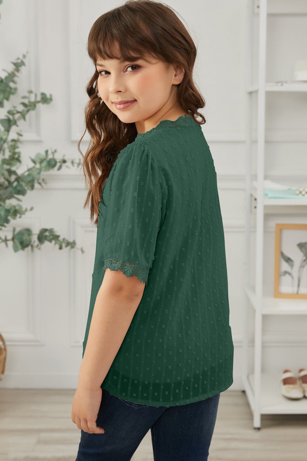 Girls Swiss Dot Spliced Lace Blouse - DunbiBeauty, LLC