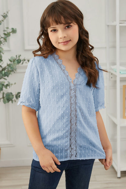 Girls Swiss Dot Spliced Lace Blouse - DunbiBeauty, LLC