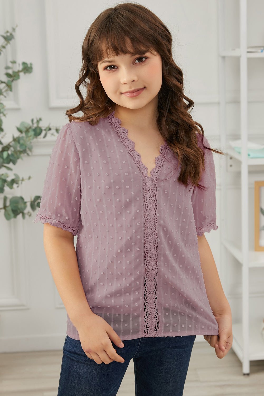 Girls Swiss Dot Spliced Lace Blouse - DunbiBeauty, LLC