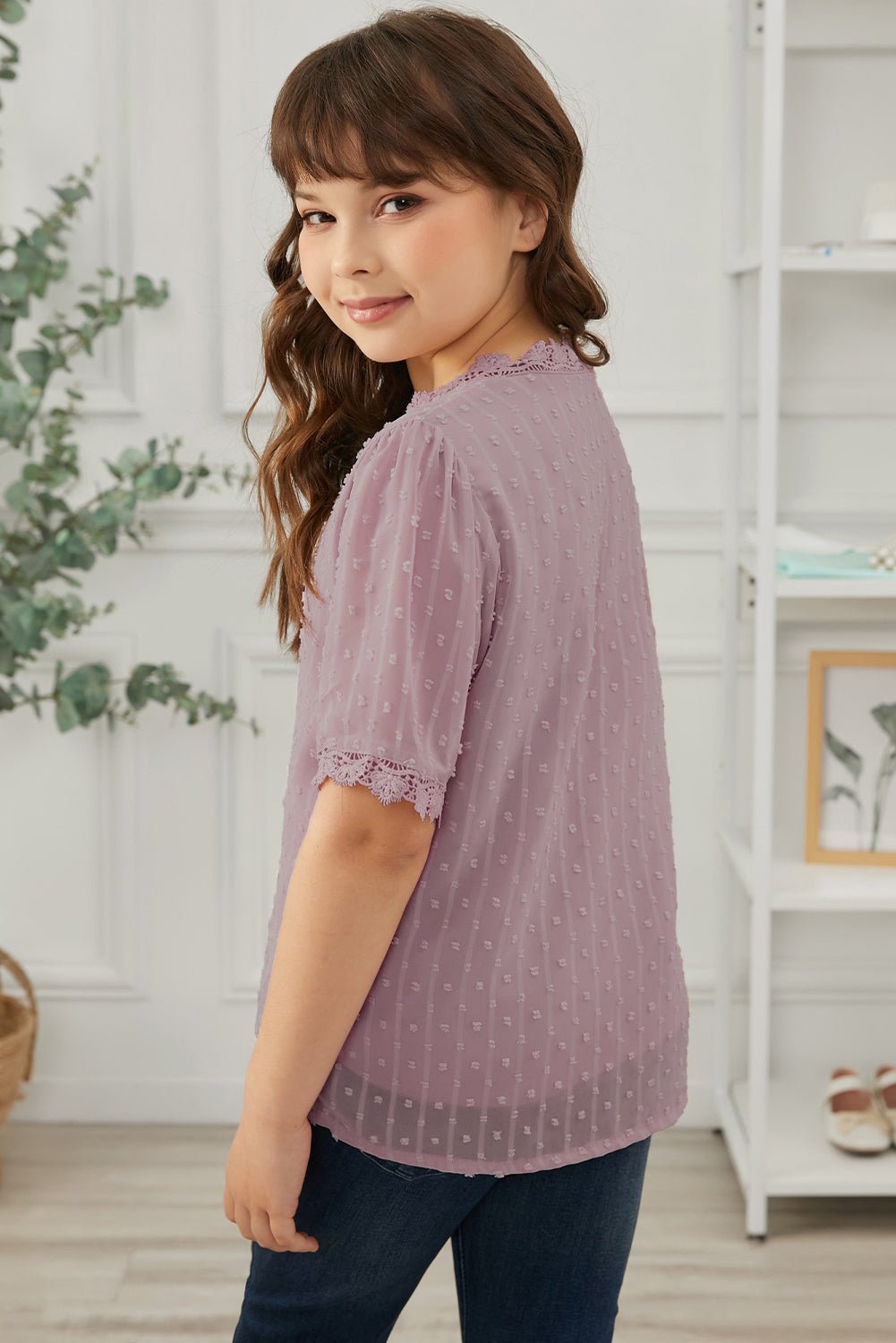 Girls Swiss Dot Spliced Lace Blouse - DunbiBeauty, LLC