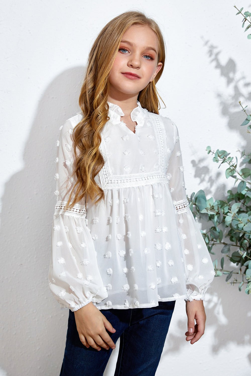 Girls Swiss Dot Spliced Lace Notched Blouse - DunbiBeauty, LLC