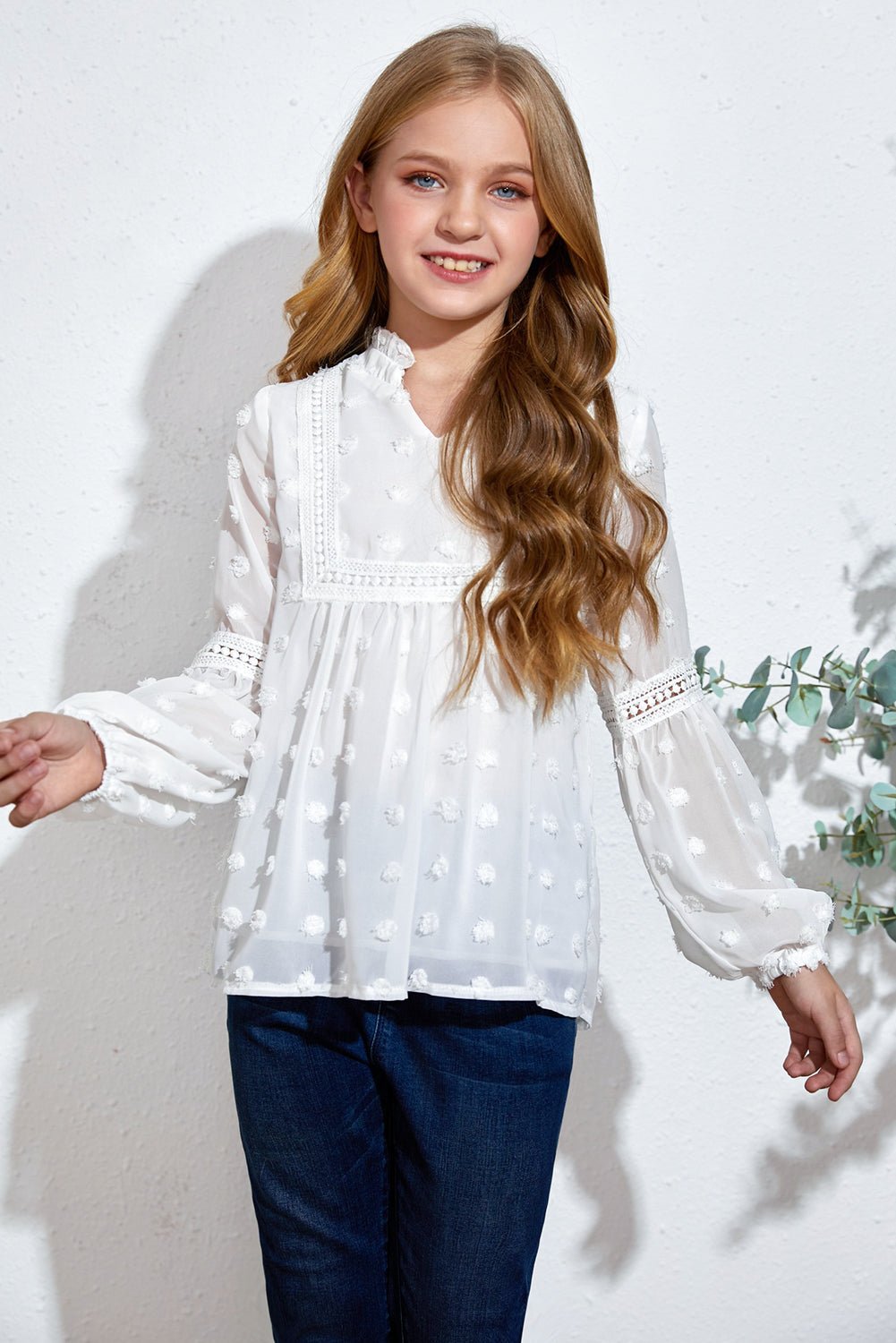 Girls Swiss Dot Spliced Lace Notched Blouse - DunbiBeauty, LLC