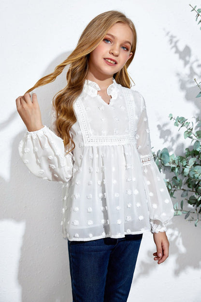 Girls Swiss Dot Spliced Lace Notched Blouse - DunbiBeauty, LLC