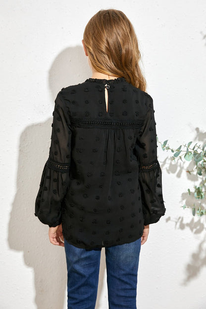 Girls Swiss Dot Spliced Lace Notched Blouse - DunbiBeauty, LLC