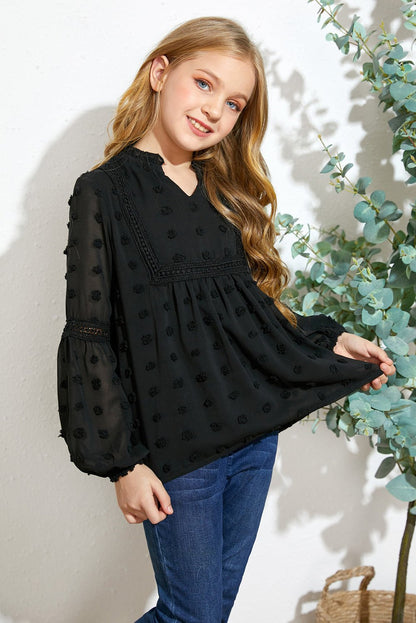 Girls Swiss Dot Spliced Lace Notched Blouse - DunbiBeauty, LLC