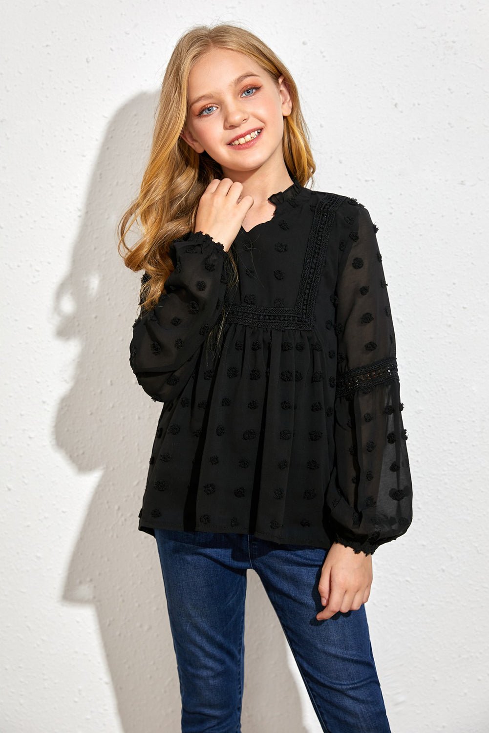 Girls Swiss Dot Spliced Lace Notched Blouse - DunbiBeauty, LLC