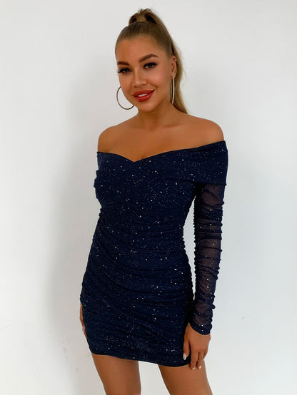 Glitter Off-Shoulder Ruched Bodycon Dress - DunbiBeauty, LLC