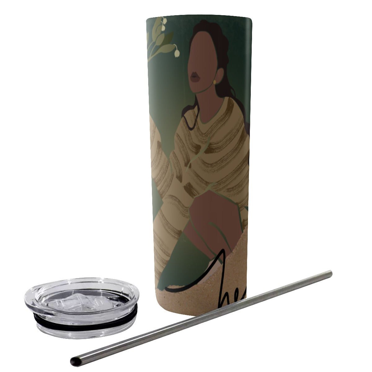 Glitter Tumbler With Stainless Steel Straw 20oz Black Woman with Flowers, Green, Grace, Beauty (Designed by Dunbi) - DunbiBeauty, LLC