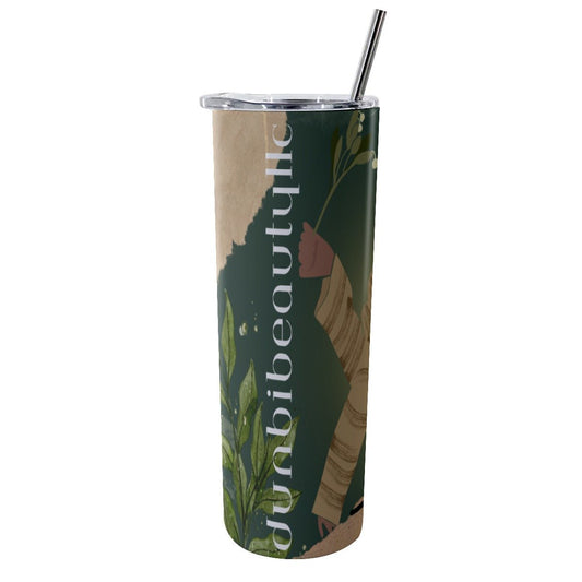 Glitter Tumbler With Stainless Steel Straw 20oz Black Woman with Flowers, Green, Grace, Beauty (Designed by Dunbi) - DunbiBeauty, LLC