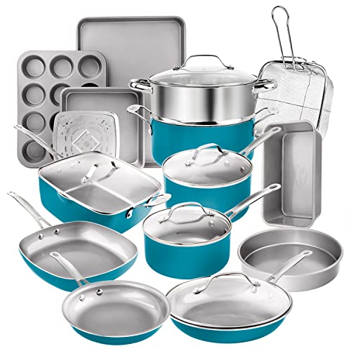 Gotham Steel Aqua Blue 20 Piece Pots & Pans Set, Nonstick Ceramic Cookware Set + Bakeware Set - Frying Pans, Stock Pots, Deep Fry Pan, Cookie Sheet & Baking Pans, Stay Cool Handles, 100% PFOA Free - DunbiBeauty, LLC