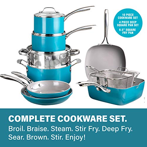 Gotham Steel Aqua Blue 20 Piece Pots & Pans Set, Nonstick Ceramic Cookware Set + Bakeware Set - Frying Pans, Stock Pots, Deep Fry Pan, Cookie Sheet & Baking Pans, Stay Cool Handles, 100% PFOA Free - DunbiBeauty, LLC