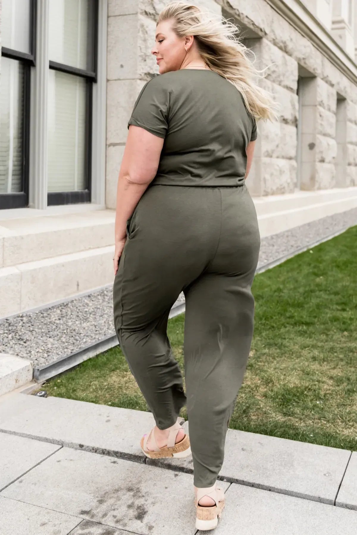 Green Drawstring Straight Leg Wrap V Neck Plus Size Jumpsuit - DunbiBeauty, LLC