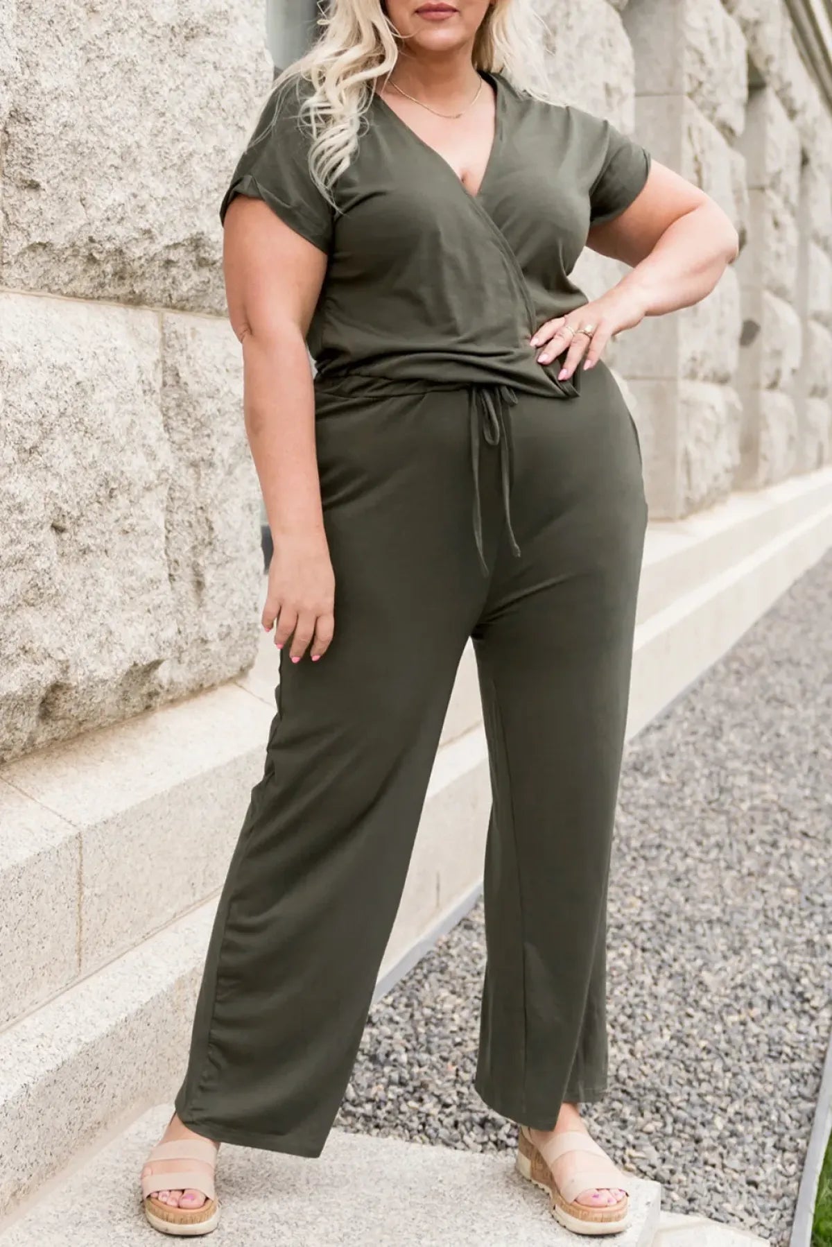 Green Drawstring Straight Leg Wrap V Neck Plus Size Jumpsuit - DunbiBeauty, LLC