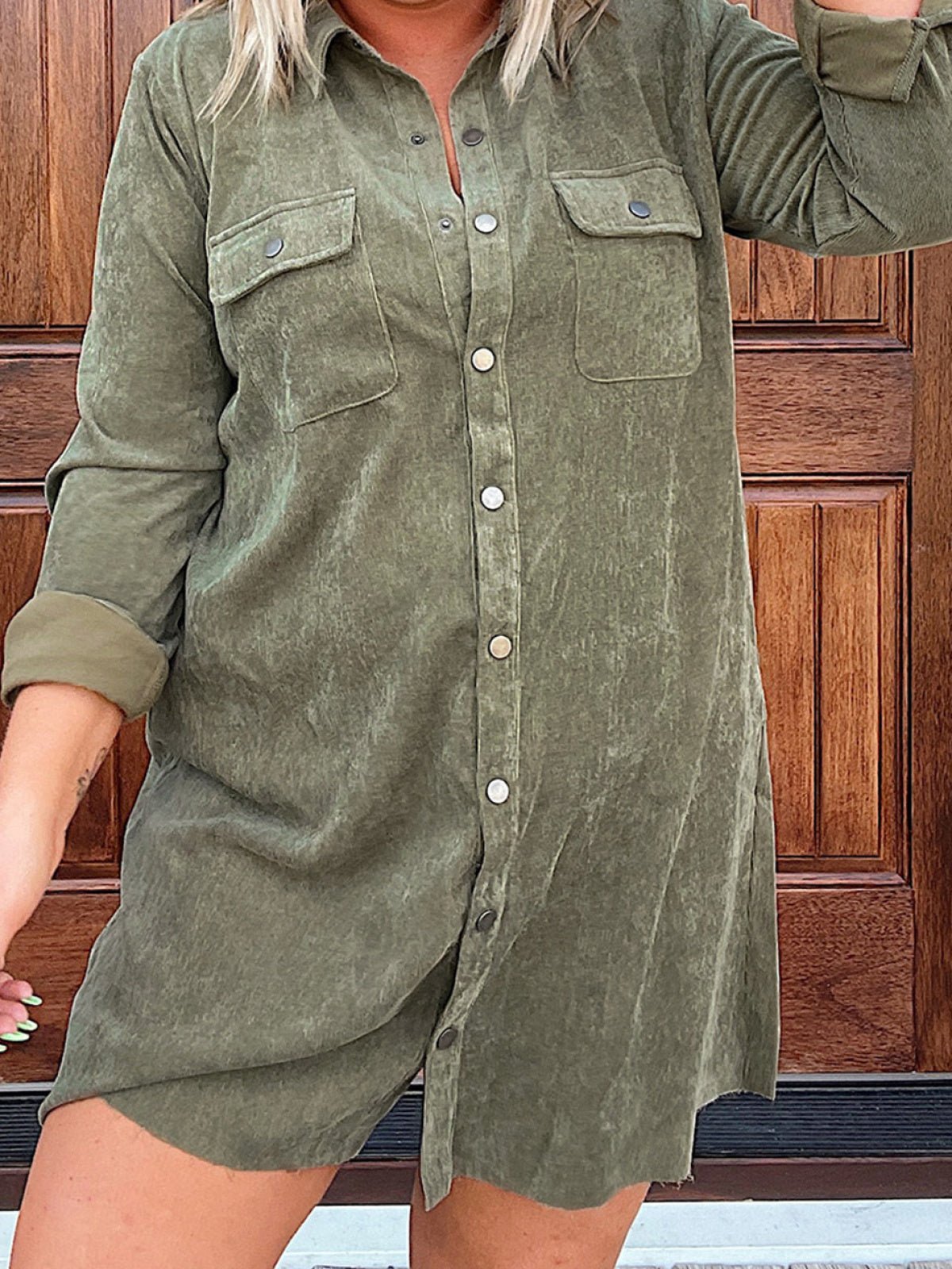 Green Plus Size Long Sleeve Buttoned Shirt Dress - DunbiBeauty, LLC