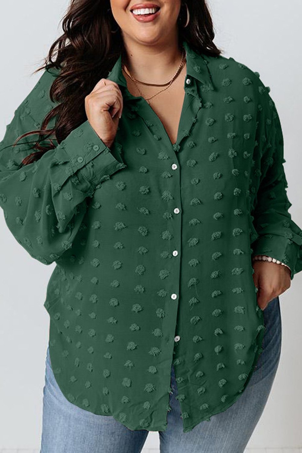 Green Swiss Dot Textured Plus Size Shirt - DunbiBeauty, LLC