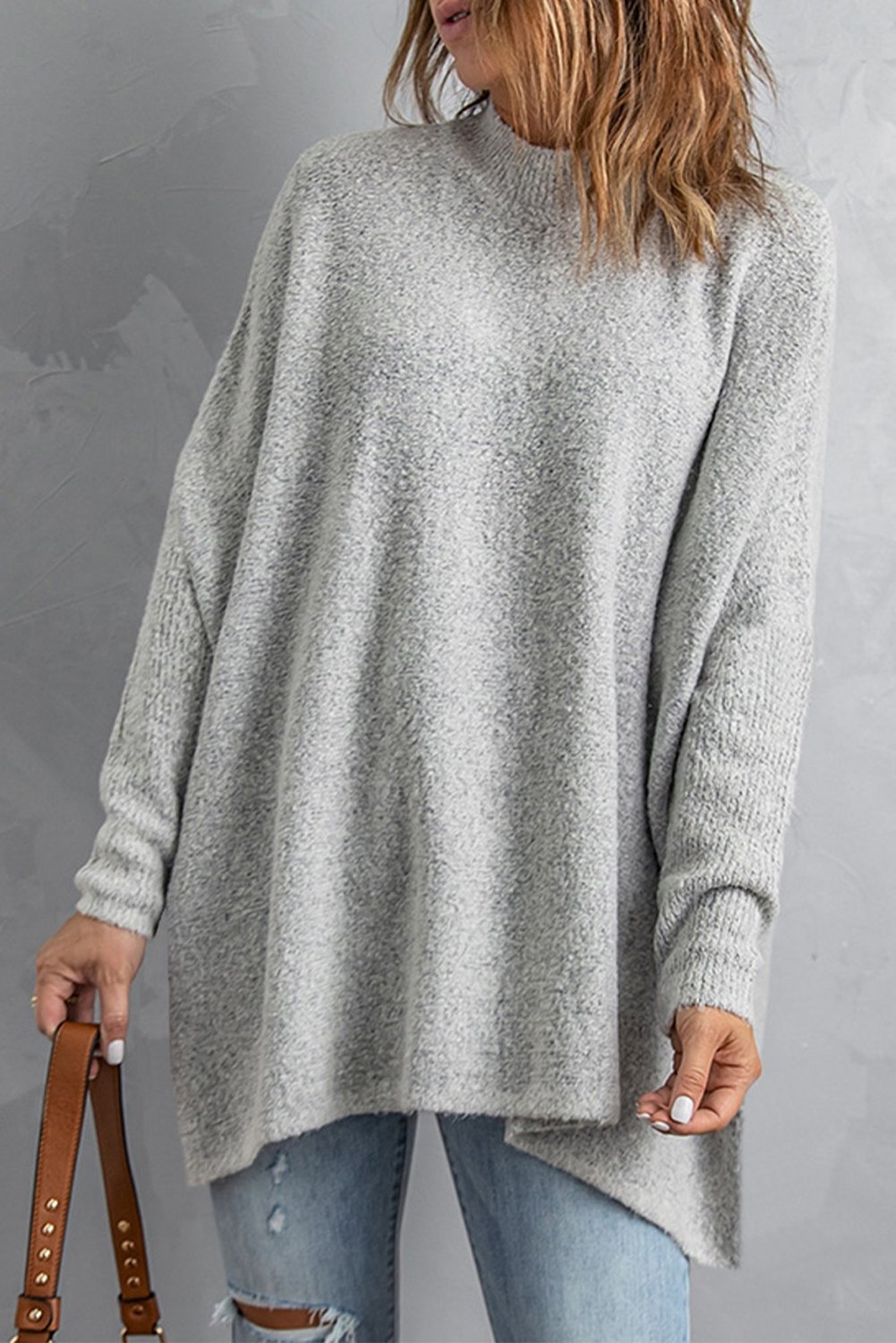 Grey High Neck Oversized Sweater With Slits - DunbiBeauty, LLC