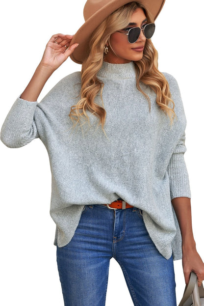 Grey High Neck Oversized Sweater With Slits - DunbiBeauty, LLC