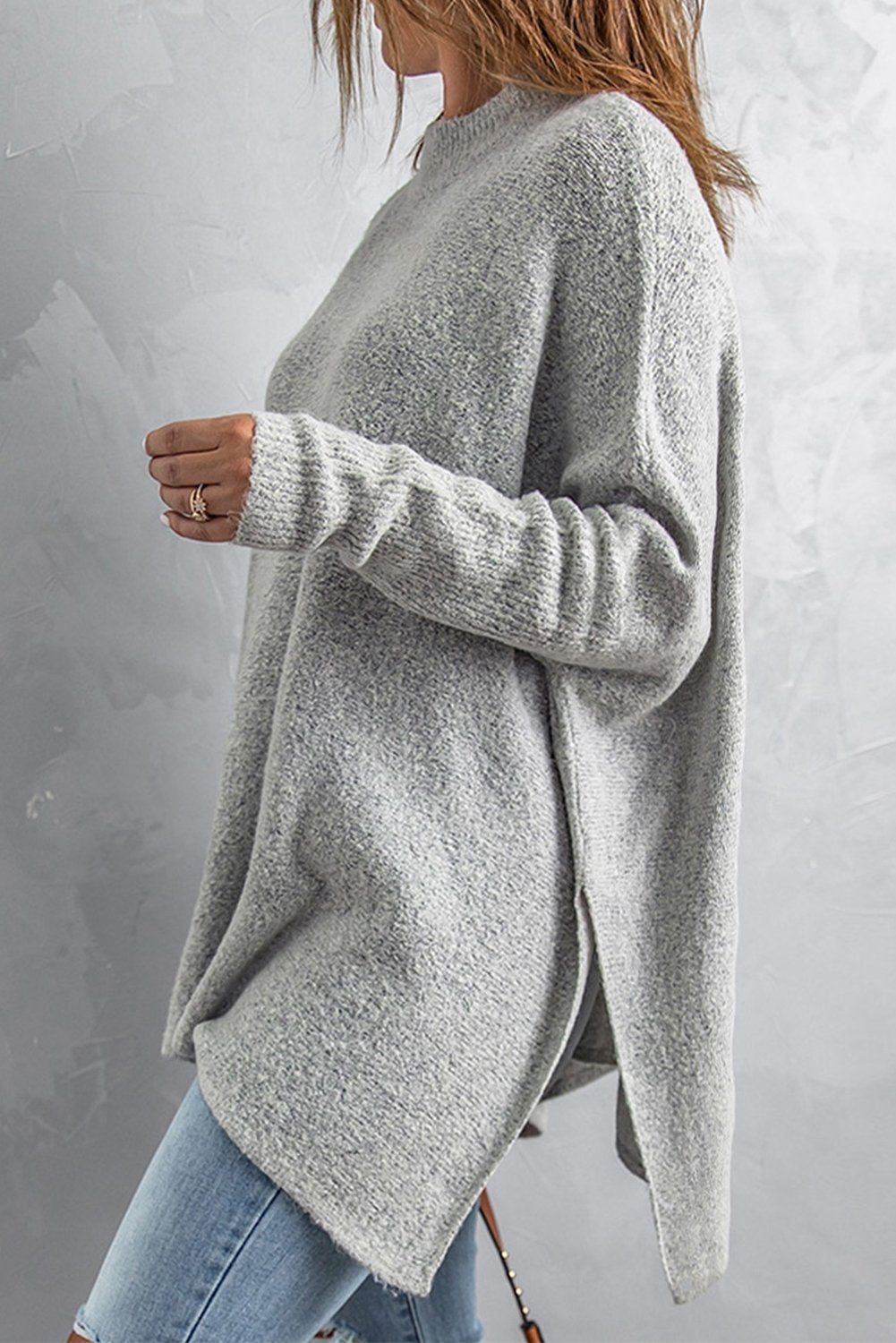 Grey High Neck Oversized Sweater With Slits - DunbiBeauty, LLC