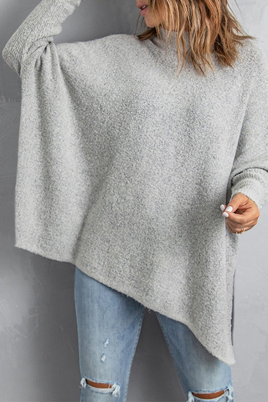 Grey High Neck Oversized Sweater With Slits - DunbiBeauty, LLC