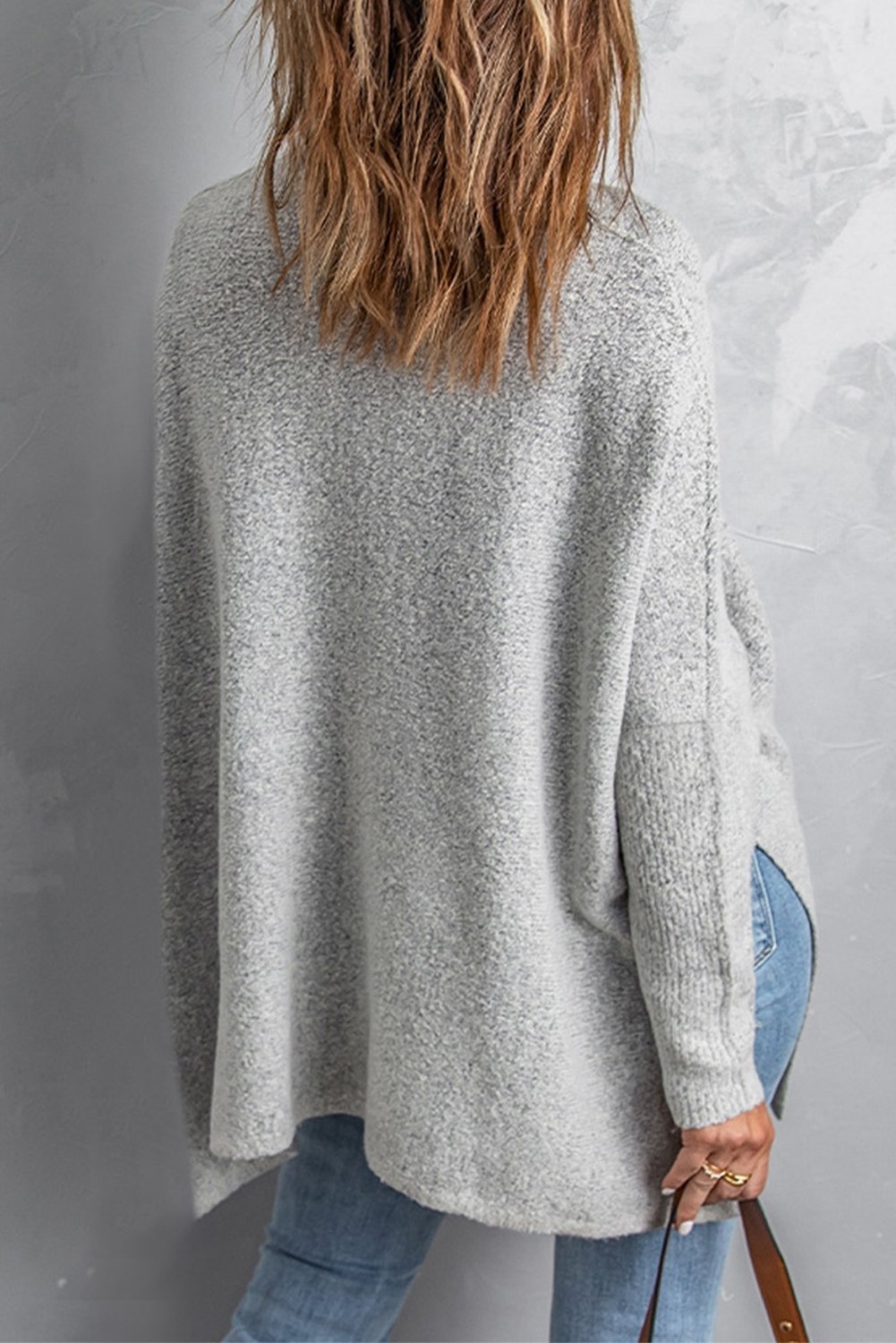 Grey High Neck Oversized Sweater With Slits - DunbiBeauty, LLC