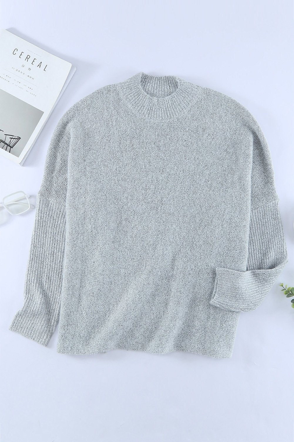 Grey High Neck Oversized Sweater With Slits - DunbiBeauty, LLC